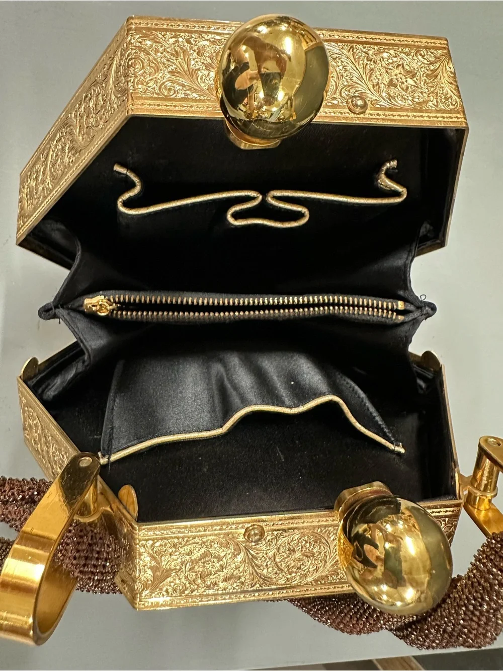 1940’s Elegant Hexagon Bronze Beaded Metallic Evening Clutch with Gold Accents